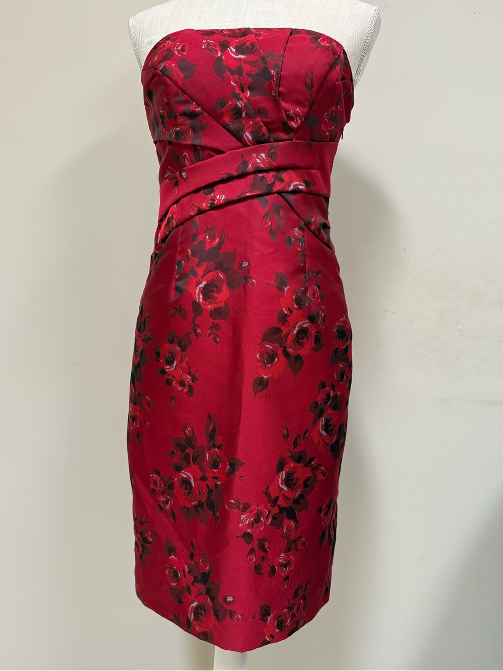 WHBM Strapless Floral Sheath Dress in Deep Red